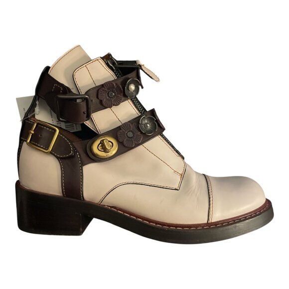 Coach Cut-Out Leather Ankle Booties Chalk Oxblood Zip Buckle Charm Size 7 - Picture 1 of 10